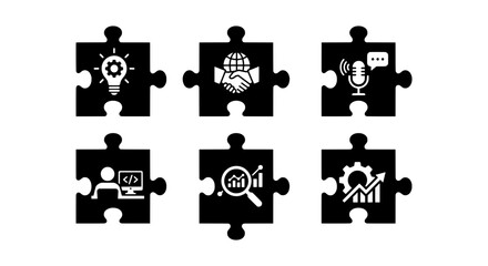 Fototapeta premium Business Strategy Puzzle Pieces: Innovation, Partnership, Communication, Coding, Analytics, Growth