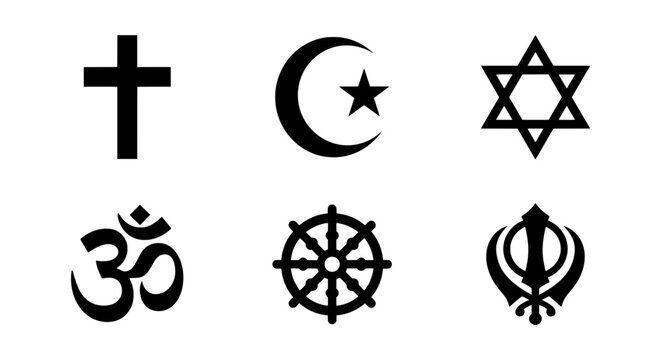 Diverse Religious Symbols Collection: Christianity, Islam, Judaism, Hinduism, Buddhism, Sikhism Icons