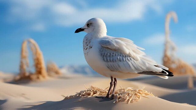 White Seagull Standing on Sand Dunes