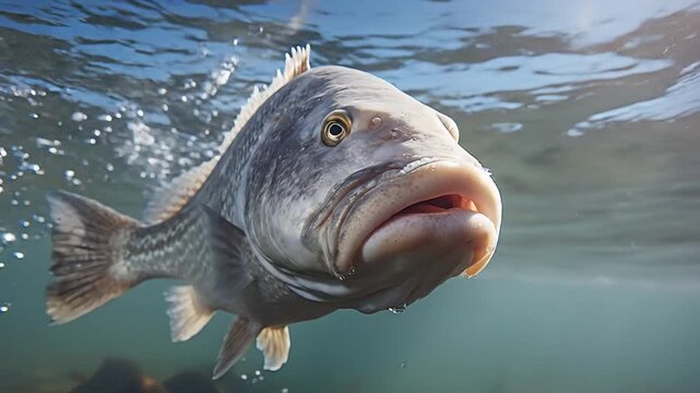 Large Striped Bass Swimming Underwater with Bubbles