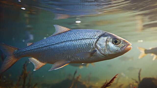 Silver Whitefish Swimming in Clear Freshwater