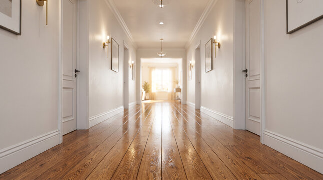 Empty bright hallway with wooden floor and white walls in luxury house corridor interior
