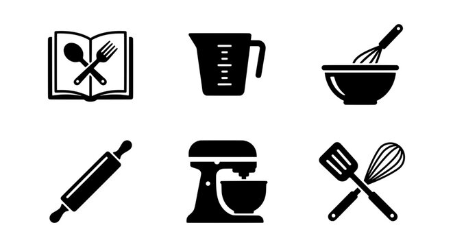 Baking Icons Set: Cookbook, Measuring Cup, Mixer, Rolling Pin, Utensils
