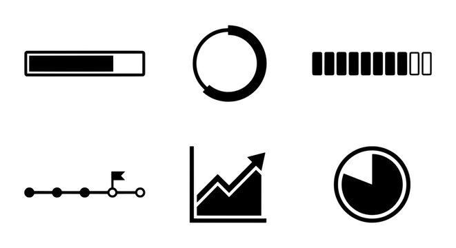 Progress Bar Icons, Loading Indicators, Timeline, Pie Chart, Data Growth Vector Set