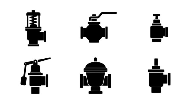 Industrial Valve Icons Set, Plumbing Control Equipment, Mechanical Engineering Components