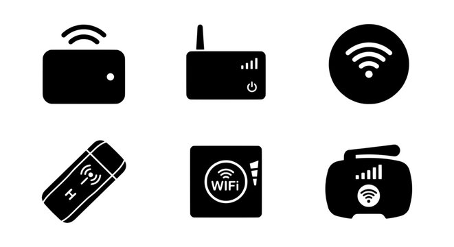 Wi-Fi Router Icons, Wireless Network Devices, Connectivity Symbols, Internet Signal Set