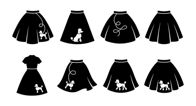 Retro Poodle Skirt Vector Icons, 50s Fashion Silhouettes, Vintage Style Apparel Graphics