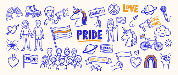 Pride and Equality: A vibrant collection of hand-drawn doodle icons symbolizing pride, love, equality, and inclusivity. Featuring rainbows, unicorns, flags, protest signs. © Saiid-Designs