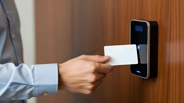 A professional man is using a white plastic access card to unlock a modern electronic security door reader mounted on a wooden wall in an office