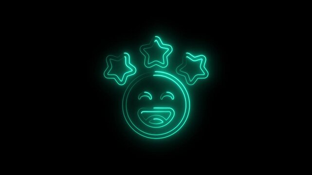 Neon glowing happy emoji with three stars animation, digital feedback and customer satisfaction concept on black background