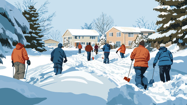 People shoveling snow in neighborhood winter scene