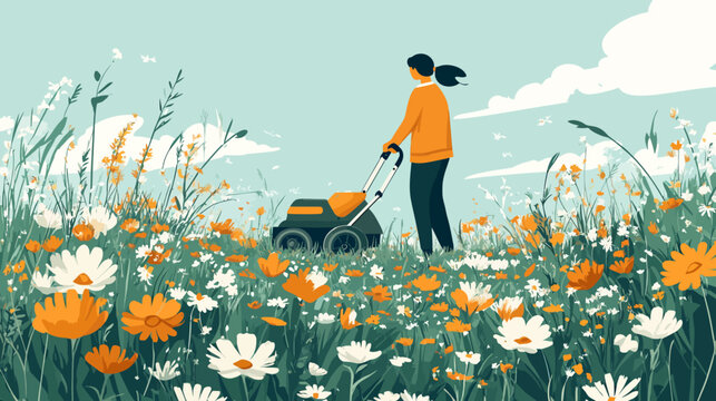Person mowing lawn surrounded by flowers illustration