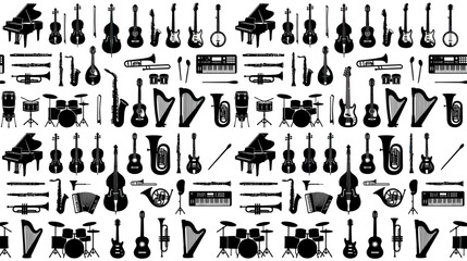 Musical Instruments Pattern Background, Black and White Silhouette © nia