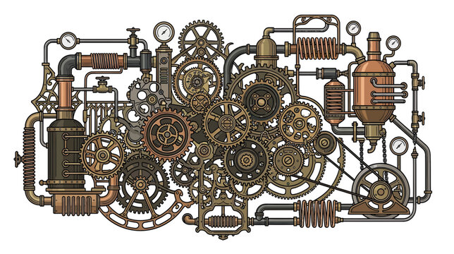 Steampunk Machine Gears and Pipes, Industrial Mechanism, Victorian Technology