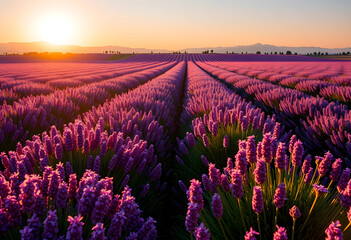 Fototapeta premium Lavender field at sunset with vibrant purple flowers