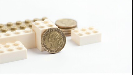 Fototapeta premium Legos and coins symbolize building wealth through play or investment.
