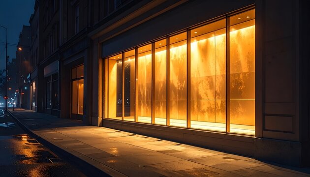 Modern Glowing Golden Storefront Window on Dark Urban Street at Night with Wet Pavement Reflections