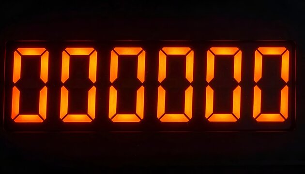 Digital glowing orange red LED display showing six zeros 000000 on a dark background for countdown