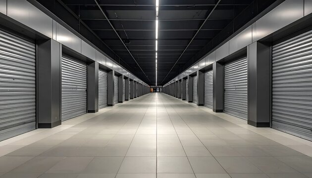 Long Corridor of Closed Commercial Shops with Metallic Roller Shutters in a Modern Mall Interior