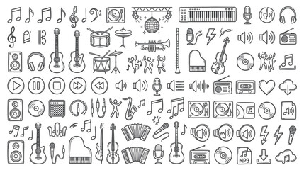 Fototapeta premium Doodle Music Icons Set: Instruments, Notes, DJ, Sound Equipment & Dance