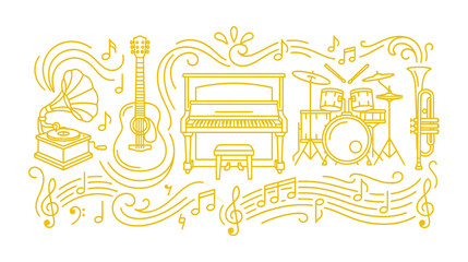 Golden Musical Instruments and Notes Line Art Illustration © rahma