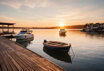 Fototapeta premium Boats docked at a wooden pier during sunset
