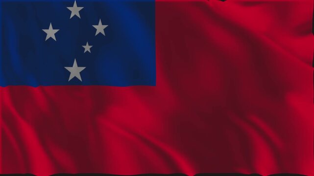 Flag of Samoa waving slowly in the foreground.