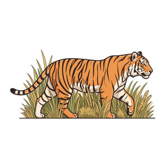 Obraz premium Majestic Tiger Walking Through Tall Grass Vector Illustration for Wildlife and Nature Conservation Art Projects