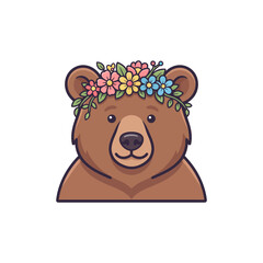 Obraz premium Cute Brown Bear Mascot Illustration Featuring a Colorful Floral Crown Headpiece for Playful Spring and Summer Forest Themed Graphic Designs