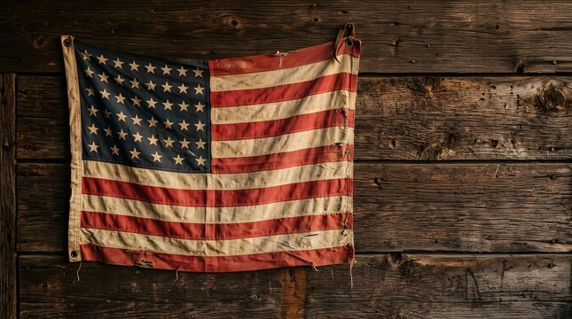 Vintage American flag hanging on rustic wooden wall background