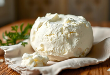 Fototapeta premium Close-up of fresh cottage cheese on textured napkin