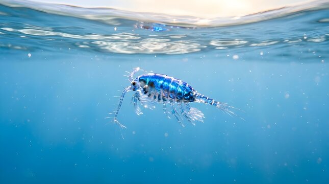 Macro side profile of a glowing blue marine copepod swimming in clear ocean water
