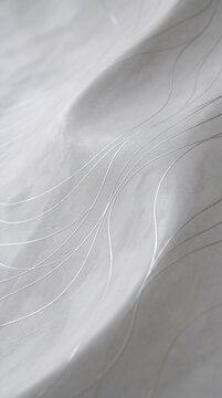 Abstract flowing white fabric with delicate silver thread lines creating a sense of movement and elegance
