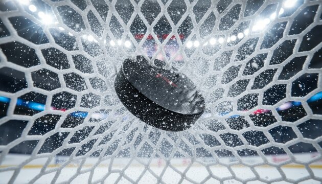 Ice hockey puck hitting the goal net in arena
