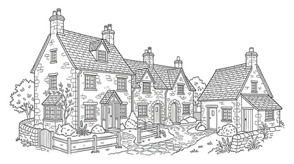 Fototapeta premium Charming English Village Cottages Line Art Illustration