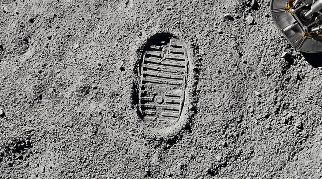 Astronaut footprint on the lunar surface during the historic moon landing on July 20, symbolizing the dawn of human space exploration on the moon