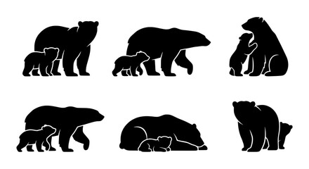 Polar Bear Family Silhouettes, Arctic Wildlife Icons, Cute Cub and Mother Bear Vector Set © TAMIM