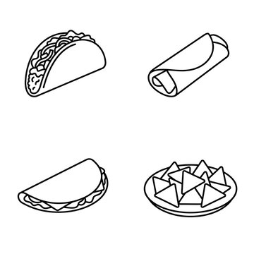 Mexican Food Icons: Taco, Burrito, Quesadilla, Nachos - Outline Vector Art