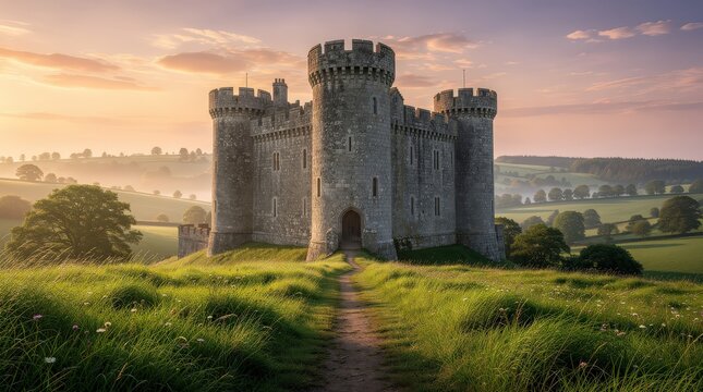 A medieval stone castle sits atop a grassy hill, surrounded by trees and rolling countryside under a soft, colorful sunset sky.