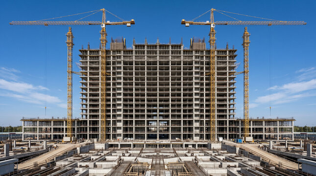 Symmetrical arch construction site with cranes