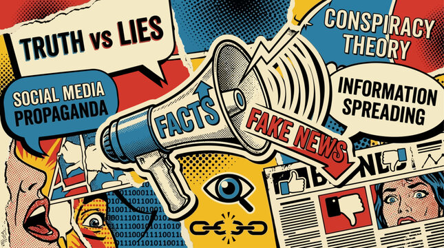 Contemporary art collage featuring a megaphone broadcasting facts against fake news and social media propaganda, conceptualizing misinformation, truth, and digital manipulation in society.