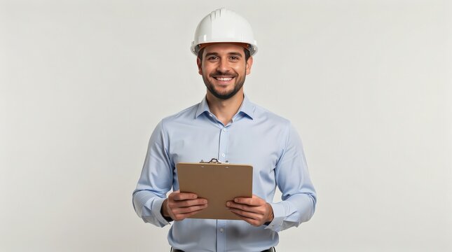 Smiling man in a white hard hat and light blue shirt holding a clipboard, standing against a plain background.