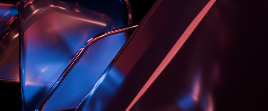 3d render zoom square glass pattern with color light on dark wide screen background