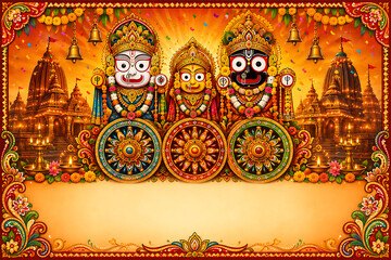 Fototapeta premium Vibrant Rath Yatra greeting illustration features Jagannath, Balabhadra, and Subhadra above colorful sacred wheels, temple towers, bells, lamps, flowers, and ornate decorative border composition
