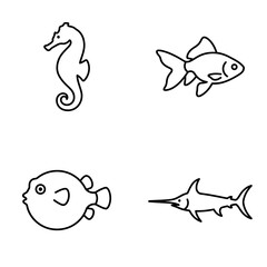 Obraz premium Simple Line Art Icons: Seahorse, Goldfish, Pufferfish, Swordfish