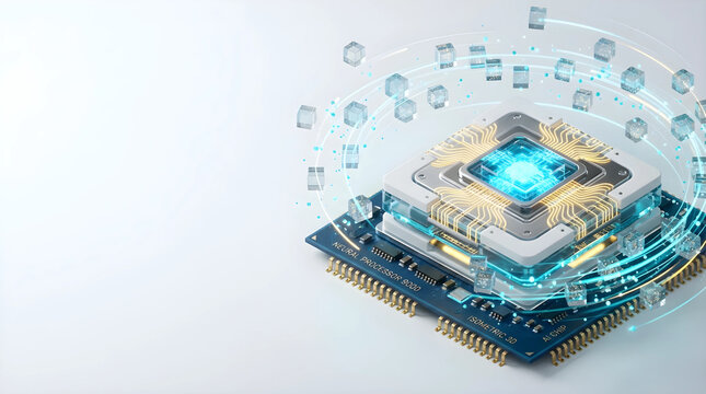 AIプロセッサと次世代マイクロチップの3Dアイソメトリックイラスト。人工知能、データコンピューティング、DXのコンセプト。