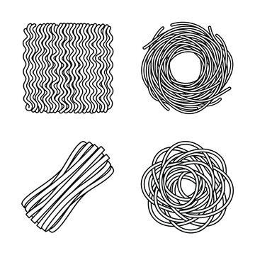 Various Pasta Shapes Line Art Icon Set - Spaghetti, Noodles, Fettuccine, Nest