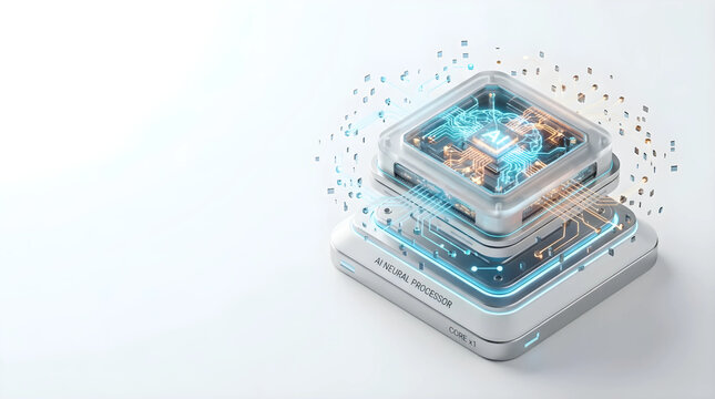 AIプロセッサと次世代マイクロチップの3Dアイソメトリックイラスト。人工知能、データコンピューティング、DXのコンセプト。