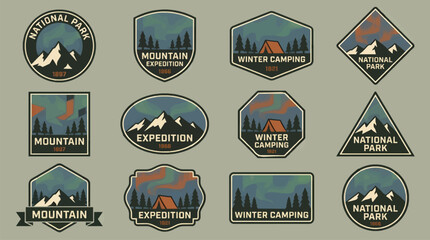 Collection of Vintage Flat Design Vector Badges and Emblems Featuring Stylized Mountain Ranges, Pine Trees, Tents, and Aurora Borealis, National Park and Expedition Themes © Laila