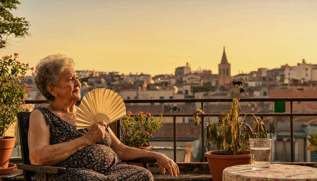 Close-up crop showing only an elderly woman's hand and forearm holding a simple paper fan